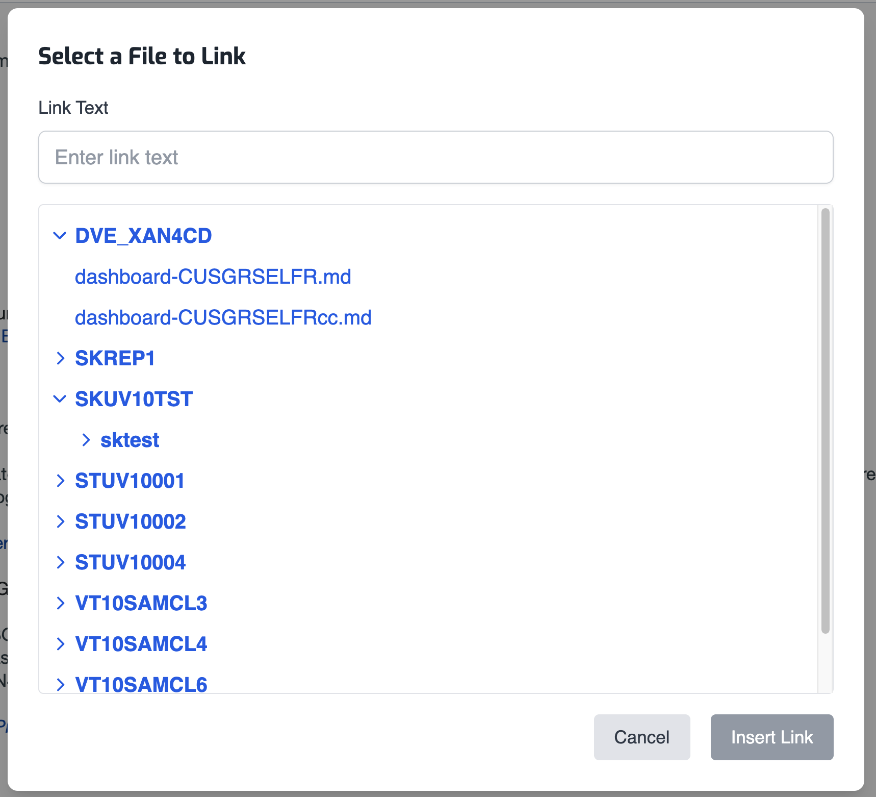 Select a File to Link dialog
